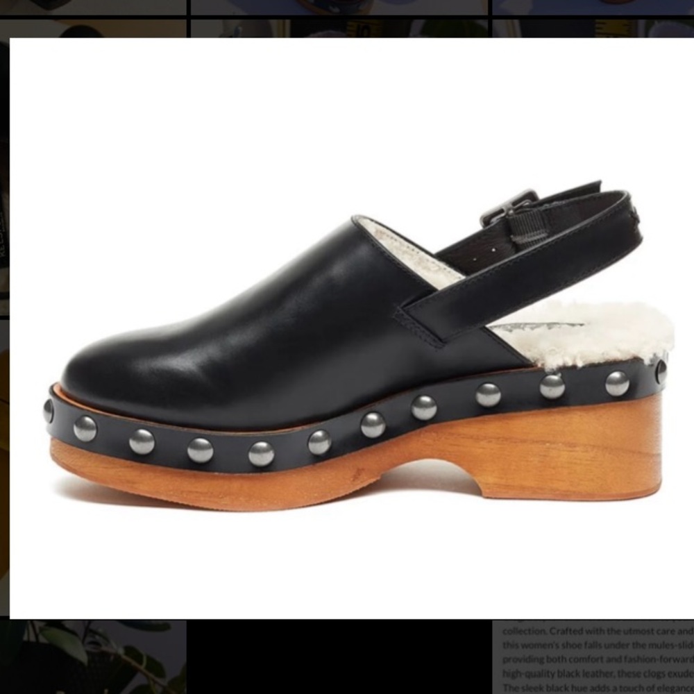 Kelsi Dagger Brooklyn Black Leather Size 5 Mule Clog Studded Faux Shearling